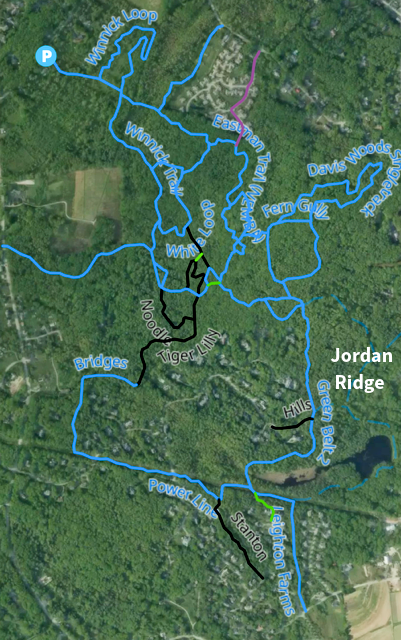 Winnick Woods trail network — broad trail system just steps from new homes at Jordan Ridge, Cape Elizabeth, ME